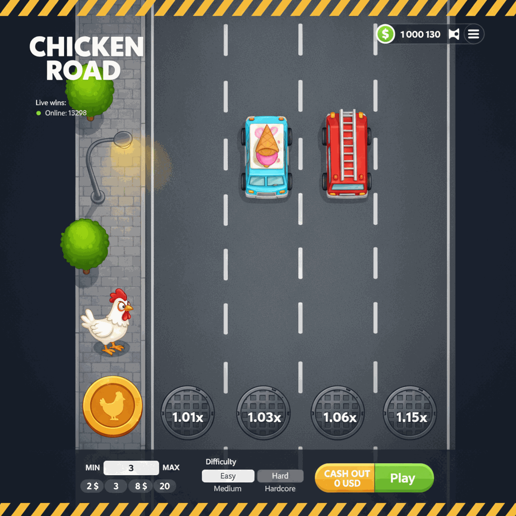 Schermata di gioco Chicken Road con gallina cartoon che attraversa una strada multi-corsia vista dall'alto, moltiplicatori visibili su tombini lungo le corsie, interfaccia di gioco crash con controlli di puntata e pulsante di ritiro, ambientazione urbana con lampioni e alberi sul marciapiede
